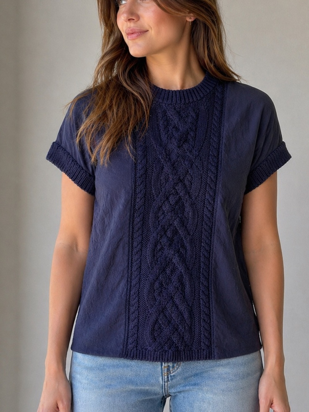 Karen Millen Womens S Blue cable Knit silk panel sweater top mixed boho textured